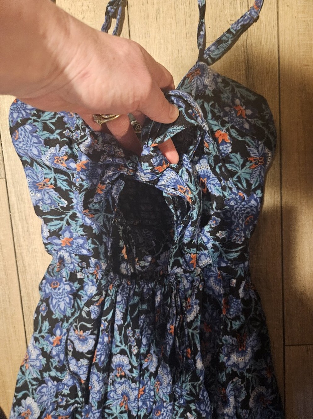 Angie Navy Maxi Dress with Blue and Black Floral Print. Front Tie And Opening. - Picture 2 of 6